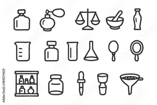 Hand-drawn laboratory and perfume icons with bottles and tools.