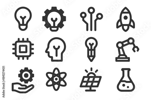 Innovative technology icons: robotics, ai, and renewable energy symbols.