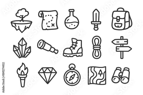 Adventure icons set featuring map, sword, backpack, and compass in black and white.