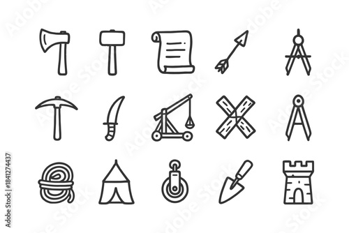 Medieval tools and equipment icons depicting axe, hammer, scroll, tent, and castle.
