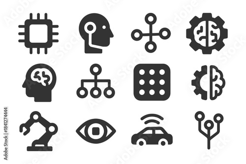 Ai and robotics icons: brain, circuit, robot arm, network, artificial intelligence.