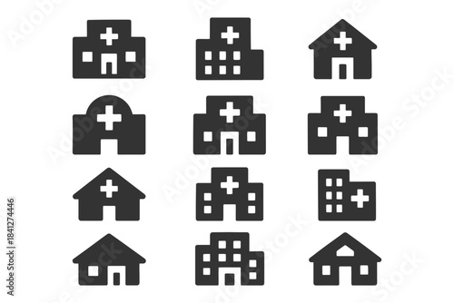 Collection of medical and residential building icons with cross symbols.
