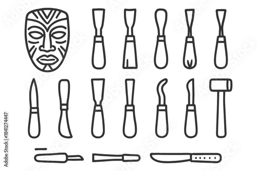 Traditional woodworking tools and tribal mask outline vector.