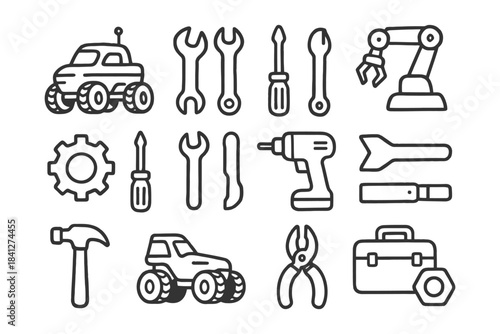 Black and white icons of tools and construction equipment.