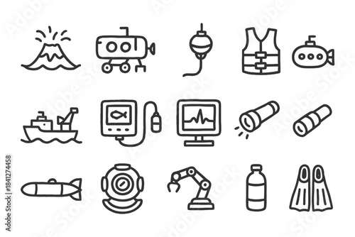 Doodle icons of underwater exploration and maritime adventure.