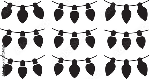 Nine black silhouette icons of string lights with three light bulbs each on a white background Keywords: string lights, Christmas lights, festive lights, decorative lights, holiday lights, light