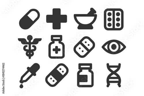 Medical icons: pills, cross, mortar, caduceus, dna, eye, dropper, bandage, medicine.