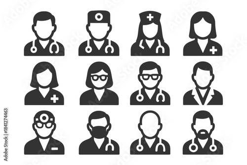 Set of doctor and medical professional icons featuring diverse genders and roles.