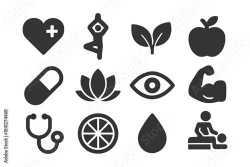 Health and wellness icons collection: yoga, nutrition, fitness, meditation, nature.