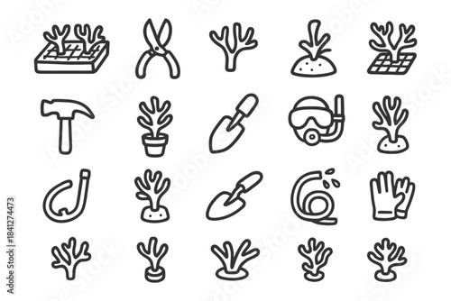 Coral conservation tools and icons set for marine preservation and gardening.