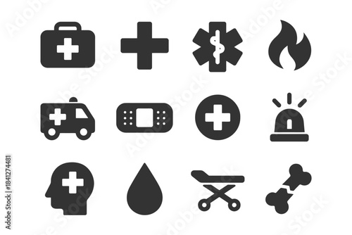 Emergency medical icons collection featuring ambulance and fire symbols.