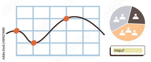 Line graph with plotted points, pie chart displaying team data segments, and web link representation. Ideal for analytics, teamwork, business strategy, marketing, research, web traffic simple flat
