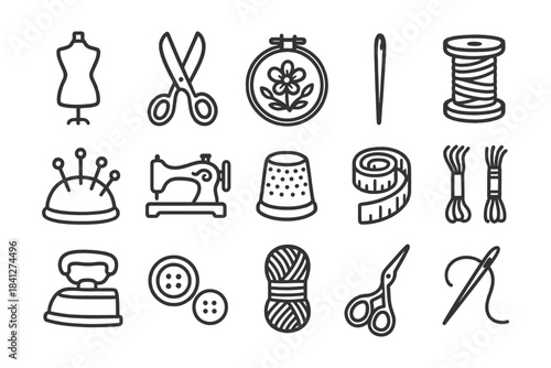 Sewing tools and supplies: scissors, thread, needle, sewing machine, mannequin.