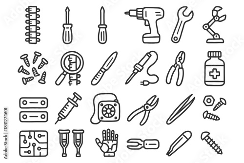 Line art icons of tools and medical equipment including drill, wrench, and scissors.