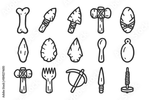 Ancient stone age tools illustration with arrowheads and bone implements.