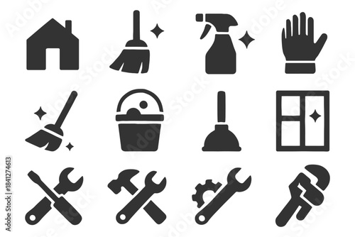 Black tool icons: home, cleaning, repair tools including mop, bucket, wrench, hammer.