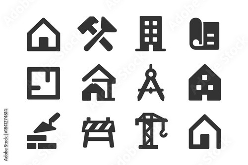 Construction icons set: buildings, tools, and equipment illustrations.