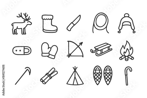 Winter adventure icons: sleigh, mittens, camping, snowshoe, fire, elk.