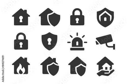 Home security icons set featuring locks, shields, alarm, and surveillance camera.