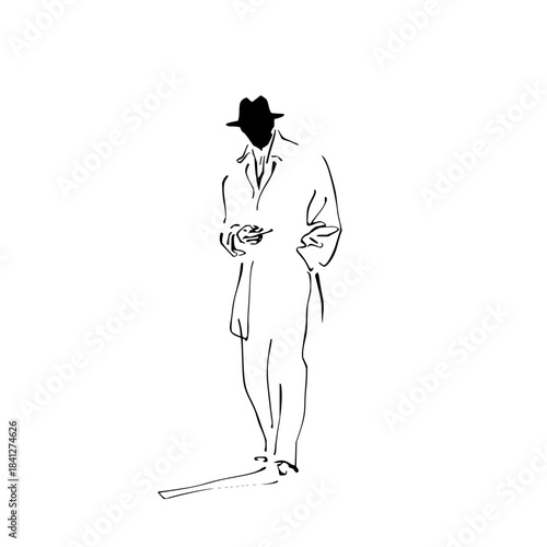 Minimalist line art drawing of a man in a fedora hat and trench coat, standing, isolated on