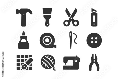 Collection of craft and repair tools icon set in black silhouette.