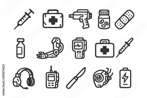 Medical and futuristic technology icons - syringe, first aid, bionic arm, vr headset.