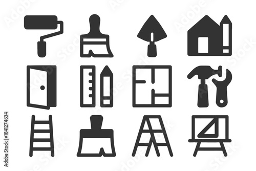 Construction and renovation tools icons set for diy projects.