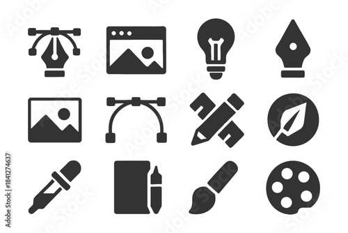 Graphic design tools icons set: creativity and illustration essentials.