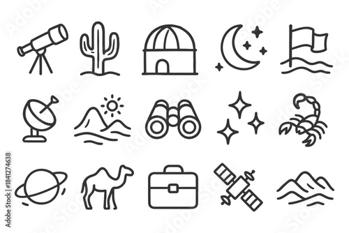 Outline icons of telescope, cactus, observatory, moon, stars, scorpion, and more.