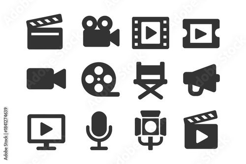 Film and video icons set featuring camera, chair, projector, microphone, and clapperboard.