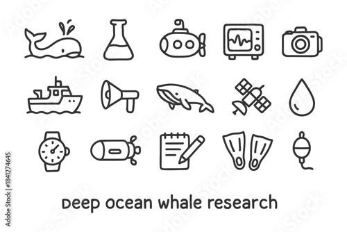 Deep ocean whale research icon set with submarine and equipment illustrations.