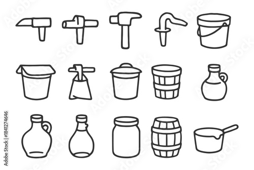 Hand-drawn collection of various tools and containers.