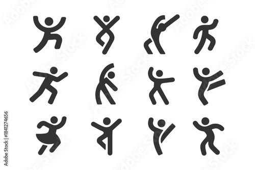 Silhouette dance icons: diverse poses and movements in vector style.