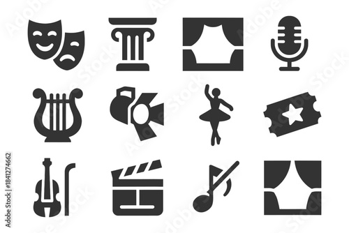 Theater arts icons: masks, microphone, ballet, violin, clapperboard.