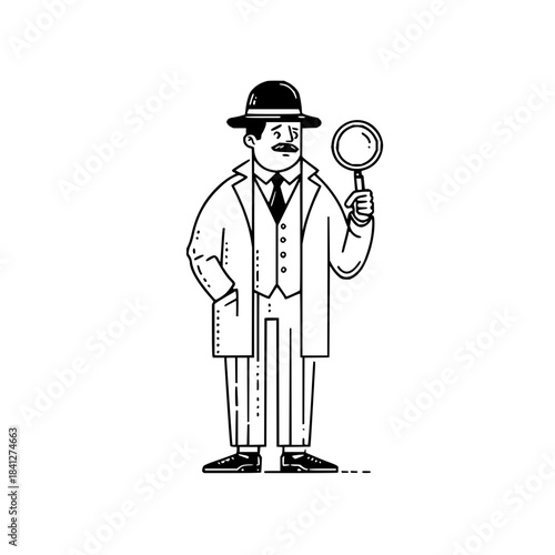 Classic detective character in a trench coat and hat holding a magnifying glass, isolated on