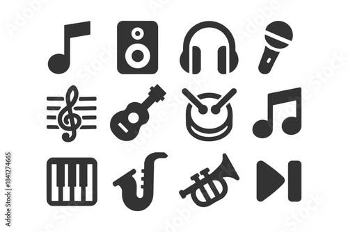 Music icons set featuring instruments and sound equipment symbols.