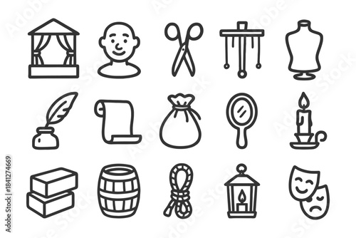 Set of 16 theatre icon outlines featuring scissors, quill, and masks for creative projects.