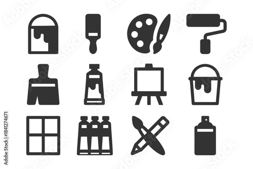 Icon set of painting tools: brushes, palette, easel, and more.