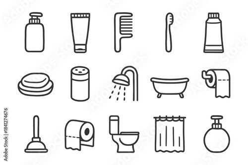 Bathroom icons: toiletries, shower, bathtub, toilet, hygiene essentials.