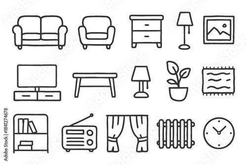 Hand-drawn home furniture and decor icons - couch, lamp, tv, plant, clock.