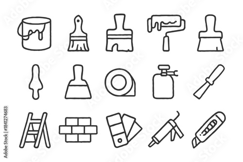 Hand-drawn painting tools collection: brushes, rollers, palette, ladder, knife.