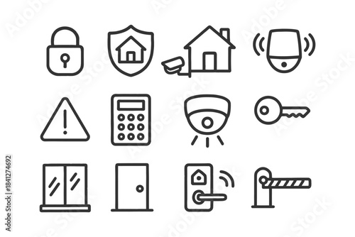 Home security icons collection: lock, alarm, camera, shield, key, door, barrier.