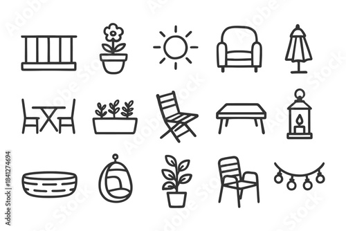Collection of outdoor furniture and decor icons for garden and patio design.