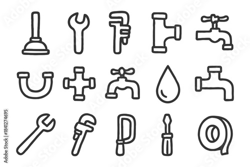 Hand-drawn plumbing tools collection: wrench, plunger, faucet, and more.