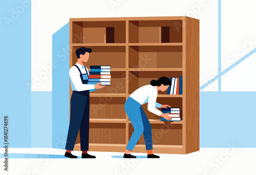 Man with books approaches shelf as woman organizes them