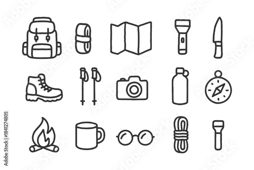 Outdoor adventure essentials: backpack, map, flashlight, and camping gear icons.