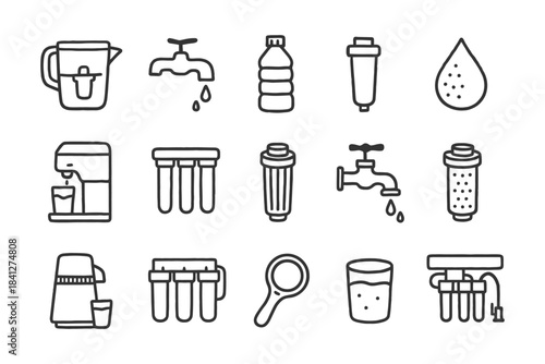 Icons of water purification equipment: filters, faucets, bottles, and more.