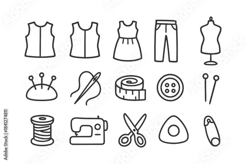 Sewing tools and clothing icons: dress, pants, mannequin, needle, thread, scissors.