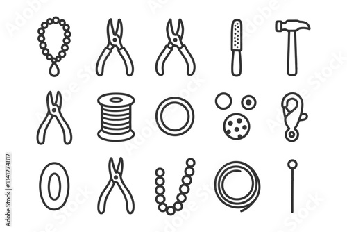 Jewelry making tools and accessories: pliers, hammer, beads, wire, clasp.