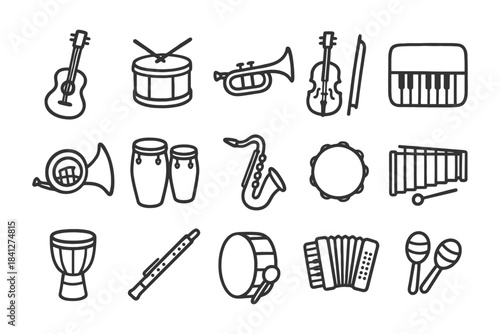Collection of musical instrument icons featuring guitar, drum, trumpet, violin, and keyboard.